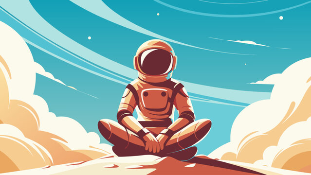 Astronaut meditates calmly in space with stars and clouds serene and peaceful atmosphere vector illustration
