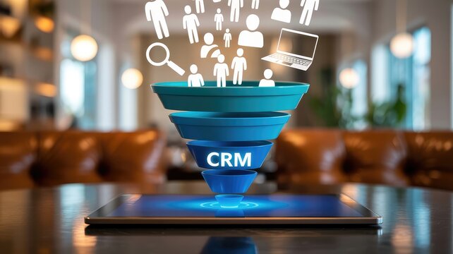 A vibrant digital customer relationship management CRM marketing and sales funnel with people icons and laptop