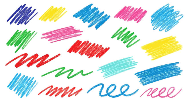 A collection of colorful scribbles and lines drawn with crayons or colored pencils on a white background.