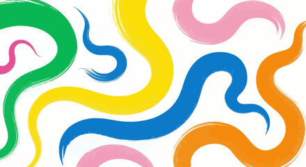 Obraz premium Abstract background with vibrant, flowing brushstrokes in various bright colors like green, yellow, blue, orange, and pink on a clean white canvas.