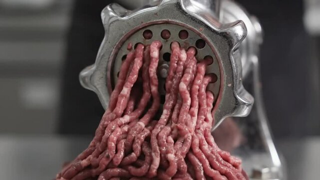 Close-up of a meat grinder mincing raw, fresh, and red meat into a pile of ground meat