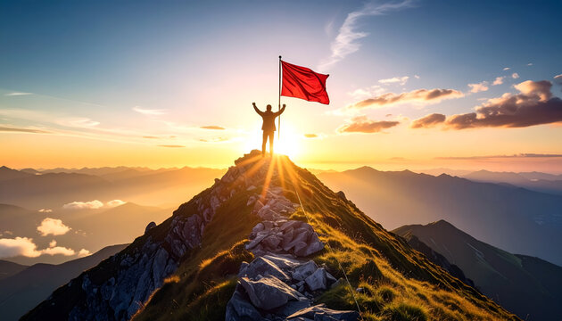 Climbing toward achievement concept featuring mountain peak and victory flag, symbolizing perseverance, strategy, and long-term objectives.