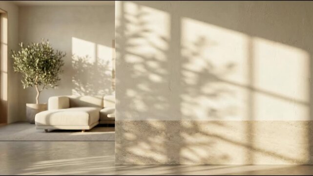 Living room wall shows shadow pattern from window light beside sofa and plant. Concept of minimal interior and copy space.