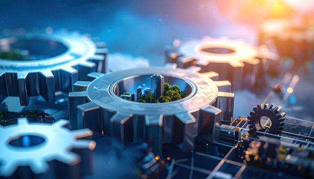 Mechanical gears working together with business model wording, ideal for strategy, consulting, entrepreneurship, and planning themes.