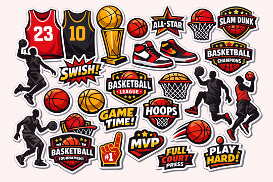 A vibrant collection of basketball-themed stickers and badges featuring players, jerseys, balls, trophies, shoes, and various game elements.