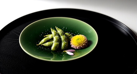 Still life, Zen-inspired. a single, deep green hassun plate, holding only a few roasted, salted edamame pods, a single, perfect chrysanthemum, on a smooth, black lacquer tray
