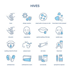 Hives symptoms, diagnostic and treatment vector icon set