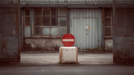 Red circle with a white diagonal line in the center, which is a symbol of prohibition. the circle is placed on a white pedestal in an empty parking lot.
