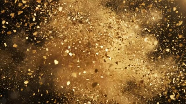 Luxurious explosion of golden particles and fragments against a dark background, dynamic abstract design
