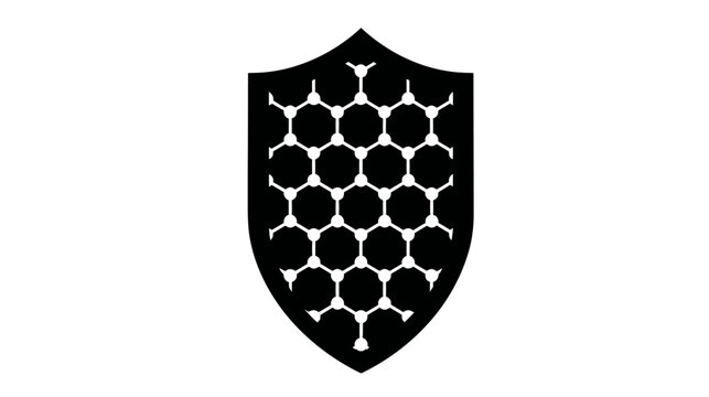 A shield shape, black with a white cellular pattern filling the interior. Hexagonal network