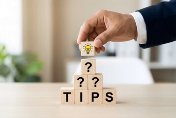 Naklejka premium Businessperson placing a lightbulb block on top of a pyramid of question mark blocks marked tips