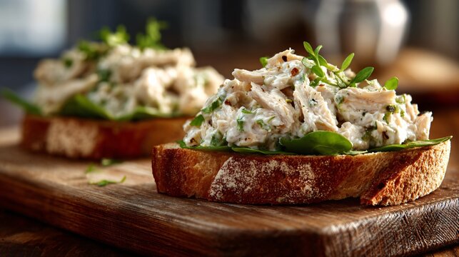 Chicken salad on toasted sourdough, rustic cutting board, natural side light, casual lunch scene