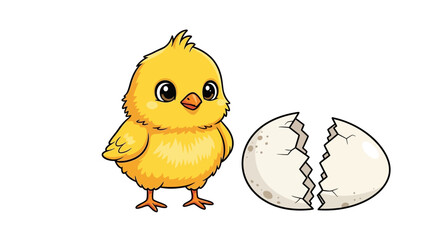 Adorable Fluffy Yellow Chick Just Hatched From Cracked Egg Cute Baby Bird Illustration © Syam Artwork