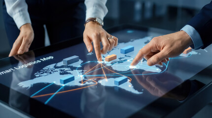 Business team collaborates on a smart logistics map, analyzing global routes and supply connections.