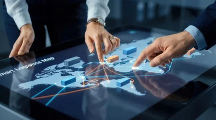 Business team collaborates on a smart logistics map, analyzing global routes and supply connections. © Shootdiem