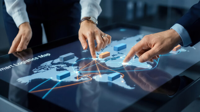 Business team collaborates on a smart logistics map, analyzing global routes and supply connections.