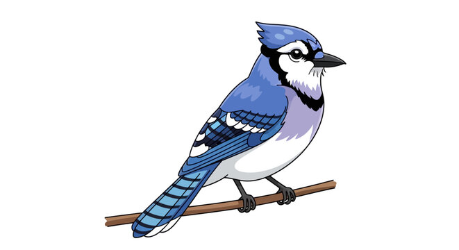 Vibrant Blue Jay Perched on a Branch Cartoon Style Bird Illustration