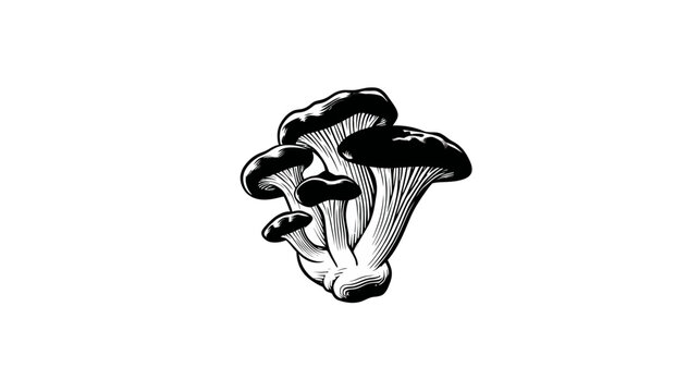 A cluster of stylized oyster mushrooms in black and white, against a white background