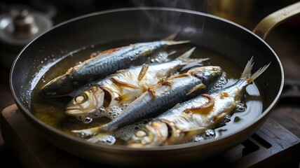 Several whole small fish, possibly sardines or herring, simmering in hot oil within a rustic metal pan, creating steam and a delicious aroma.