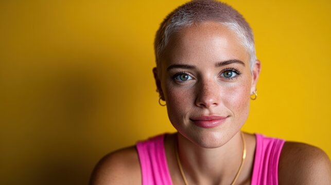 A woman with a stylish buzz cut poses confidently in front of a bright yellow background, epitomizing modern beauty, individuality, and empowerment.