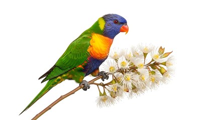 Obraz premium Colorful Rainbow Lorikeet Perched on Flowering Eucalyptus Branch Isolated on White 