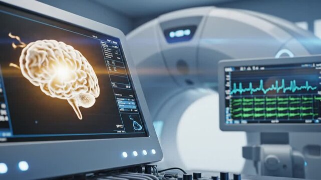 Brain scan in a medical lab showing neural activity and vital signs displayed on monitors in a hospital setting