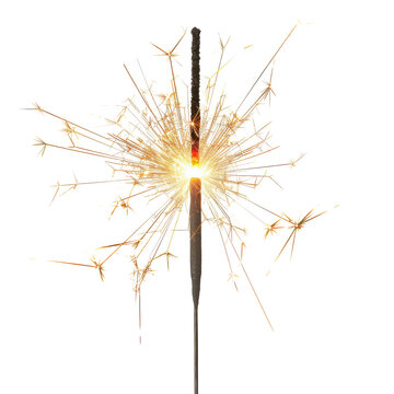 Burning sparkler firework with bright sparks isolated on Transparent Background