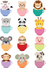 Fototapeta premium Adorable Collection of Baby Animals Sitting in Colorful Teacups