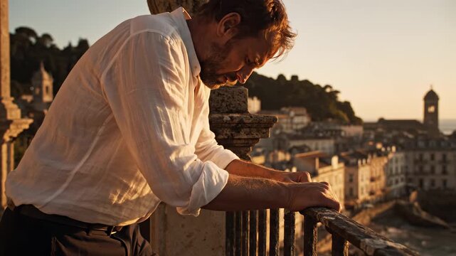 Man leans on balcony in historic city under sunset light, depression reflected in weary posture and quiet atmosphere.