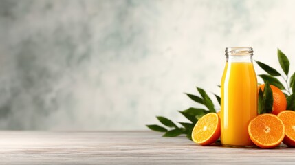 Fototapeta premium A bright and refreshing display of a bottle of orange juice surrounded by fresh oranges, emphasizing health and the vibrant colors of citrus fruits in a natural setting.