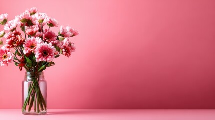 Obraz premium A beautiful bouquet of pink and white flowers in a glass jar stands against a vibrant pink backdrop, perfect for expressing love and joy in any occasion.
