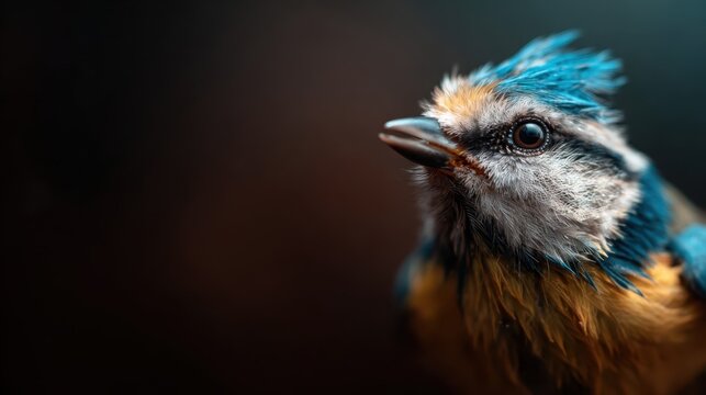 A close-up image capturing the vibrant colors of a blue and yellow bird, conveying a sense of beauty and life against a softly blurred dark background.