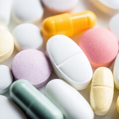 Close-up of colorful assorted pills and capsules on white surface