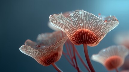 幻想的な半透明の菌類と水滴のマクロビュー