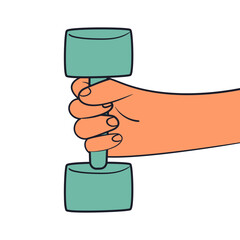 Hand holding dumbbell. Sport workout concept. Cartoon isolated vector illustration.