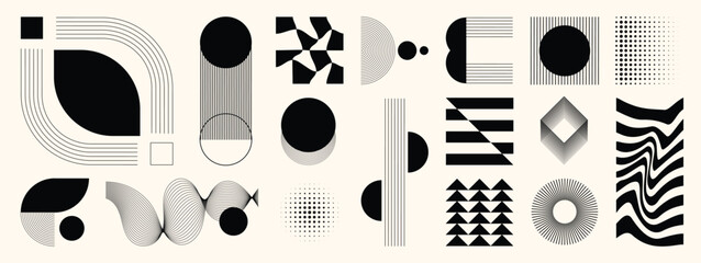 Obraz premium Hand drawn abstract minimal element mid century vector set. Aesthetic contemporary stripe line art, geometric shape in monochrome. Art form design for wall art, decoration, wallpaper.