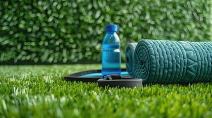Fototapeta premium On the background of artificial grass, a pair of dumbbells and a bottle of water. The concept of a healthy lifestyle and sports.