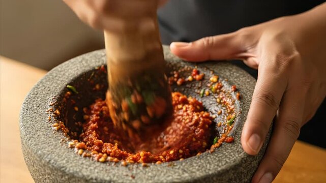 Close-up of hands crushing red chili paste in a stone mortar with a pestle, preparing ingredients.