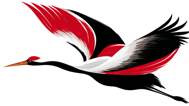 A stylized illustration of a flying bird, using black, red, white, and brown brushstrokes