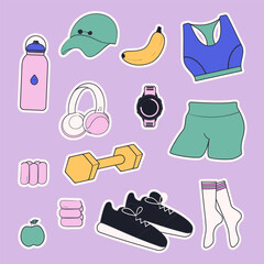 Sport equipments set. Workout accessory, weights, sportswear, fitness bracelet and headphones. Hand drawn vector illustration.