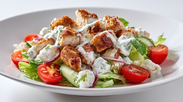 Chicken salad with yogurt dressing variation, minimalist white background, bright editorial lighting