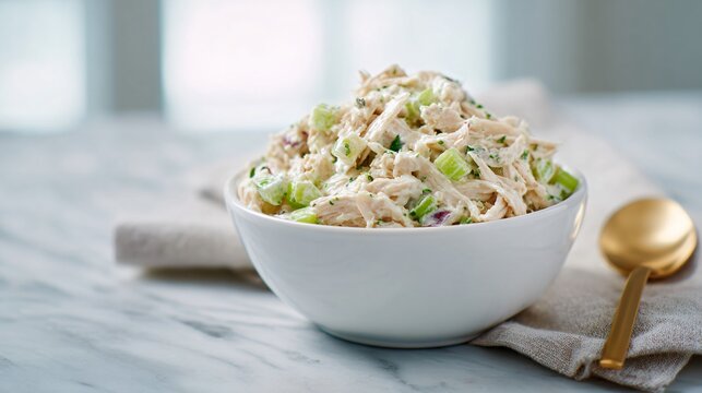 Classic chicken salad with shredded chicken, celery, and herbs, served in a white ceramic bowl on light marble surface, soft natural window light, minimalist clean food styling