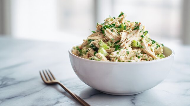 Classic chicken salad with shredded chicken, celery, and herbs, served in a white ceramic bowl on light marble surface, soft natural window light, minimalist clean food styling