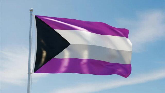 Demisexual Pride Flag Waving on Pole Against Bright Blue Sky with Clouds