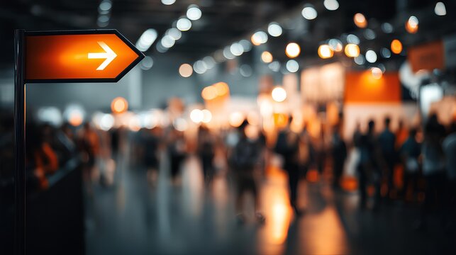 Navigating Forward: A directional sign illuminated against a blurred backdrop of a busy event, symbolizing guidance and direction.