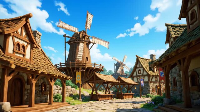 Charming Medieval Village Scene with Windmills and Market Stalls - Video Game Background