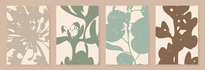 Abstract botanical wall art vector set with beige, sage, mint and brown leaf silhouettes on cream background. Minimal decor prints for living room, bedroom, office and gallery. © TWINS DESIGN STUDIO