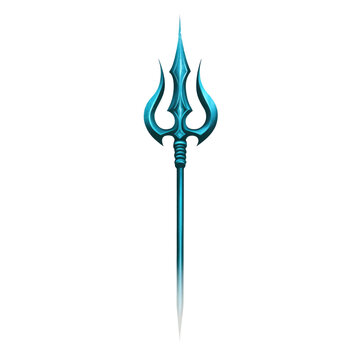 A stylized blue trident with intricate details and a sleek design isolated on transparent background