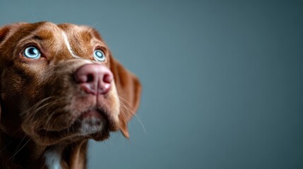 A close-up portrait of a brown dog with stunning blue eyes gazing upwards, capturing the essence of canine beauty and emotion in a serene setting.