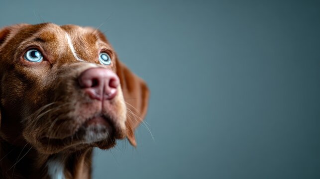 A close-up portrait of a brown dog with stunning blue eyes gazing upwards, capturing the essence of canine beauty and emotion in a serene setting.